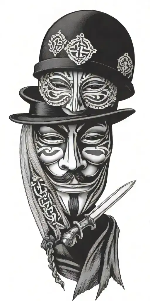 v for vendetta mask, hat holding knifes, rosses. qr code tattoo design idea