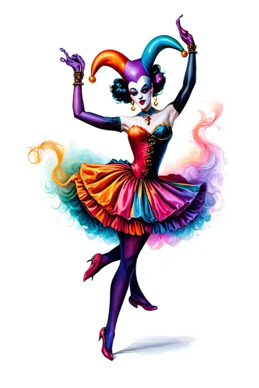 feminine evil jester dancing tattoo design idea
