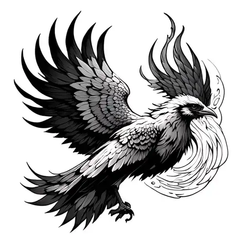 Blackwork and Fineline Phoenix tattoo design for a man's hand. Elegant silhouette of the bird in an upward flight, with  tattoo design idea