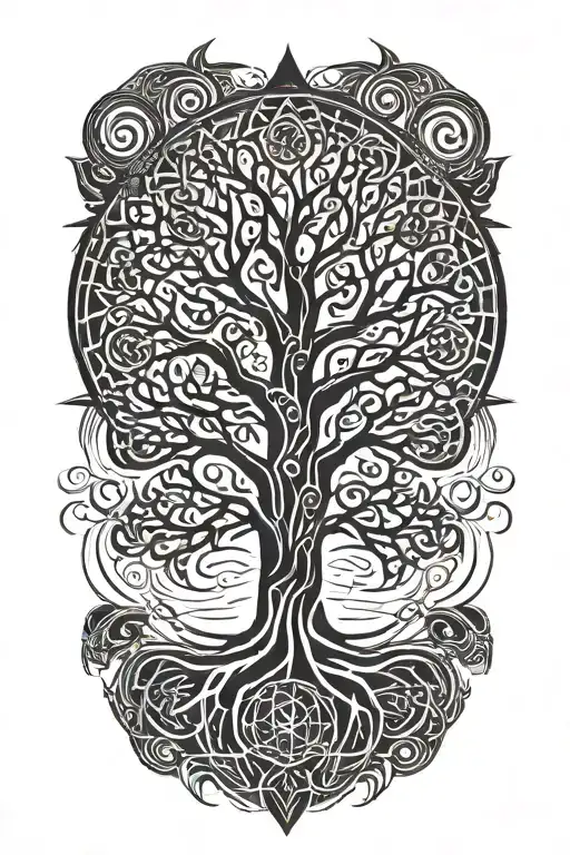 thunderstorms and blizzards swirling around the tree of life tattoo design idea