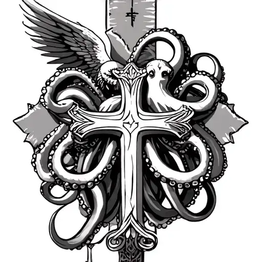 octapus and cross and apollo greek god tattoo design idea