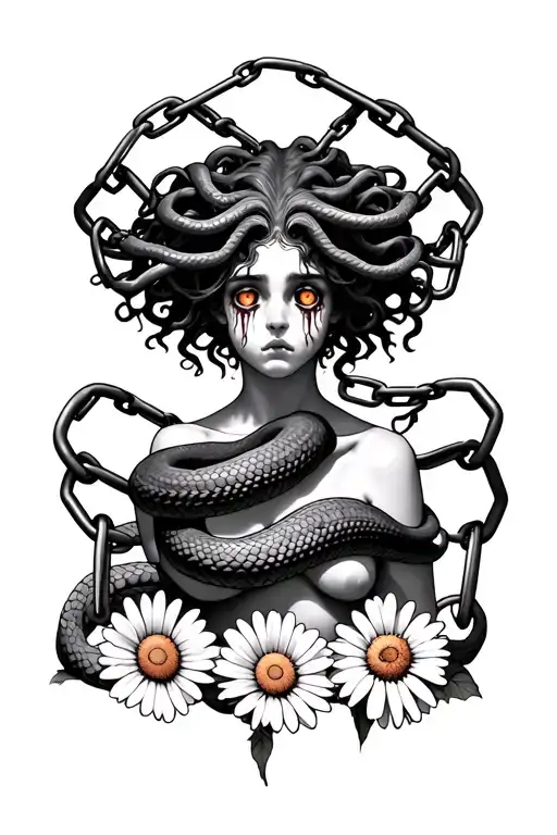Medusa being strangled surrounded by chains and daisies but her snakes have three eyes and she is crying with a calm fac tattoo design idea