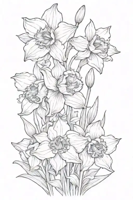 daffodil and violet and irises and poppy and larkspur fine line tattoo design idea