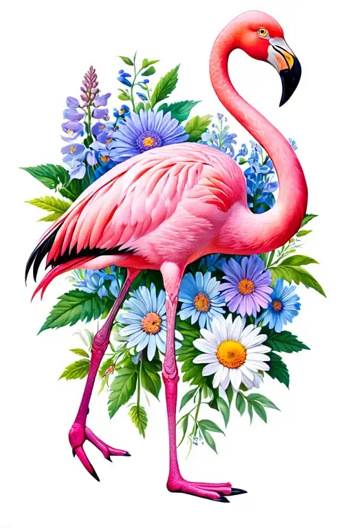 Flamingo on one leg with body made of 3 flowers (Aster, Daisy, larkspur) half pink tattoo design idea