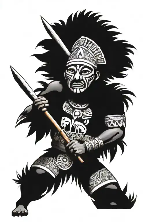 puerto Rican male Taino warrior weilding a spear and shield wearing a vejigante mask in a jungle tattoo design idea
