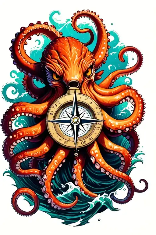 angry kracken octopus in ocean with nautical compass in middle with tentacles out wide with waves tattoo design idea