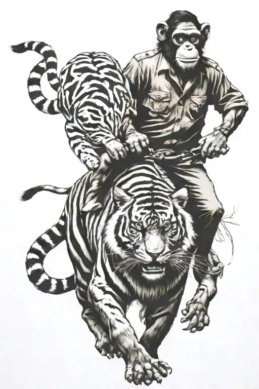 chimpanze riding on a bengal tiger tattoo design idea