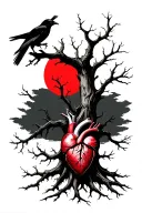 dead tree with a dead heart at roots and crows around the branches and a red moon in the background  tattoo design idea
