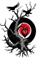 dead tree with a dead heart at roots and crows around the branches and a red moon in the background  tattoo design idea