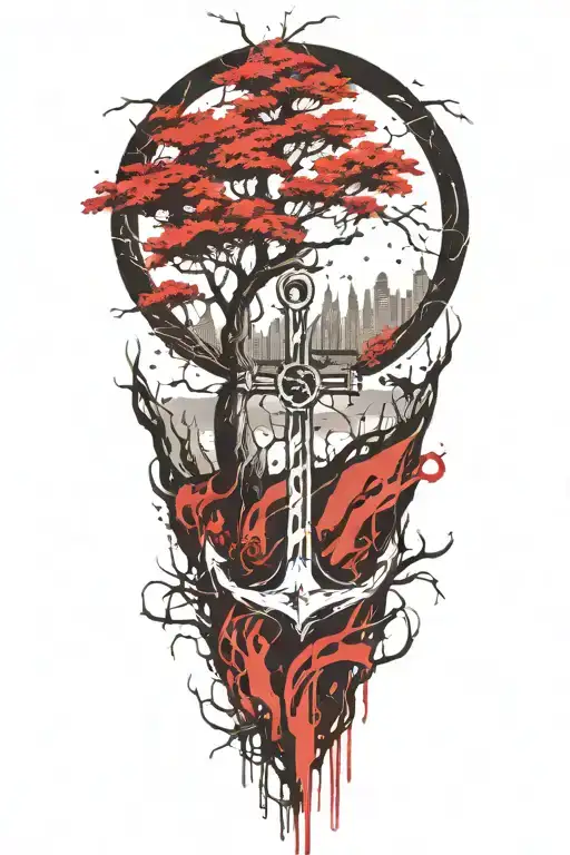 Cypress tree with roots shaped like an anchor tattoo design idea