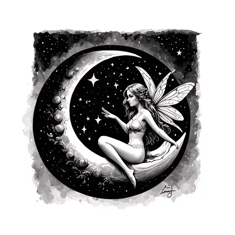Sitting Fairy sitting on moon tattoo design idea