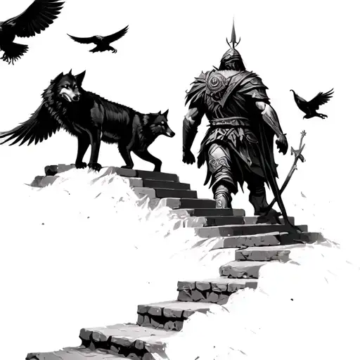 A warrior climbs the steps to the rocks, accompanied by two wolves and two flying crows. tattoo design idea
