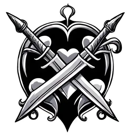 Curved dagger crossing 3 hearts in Old School tattoo design idea