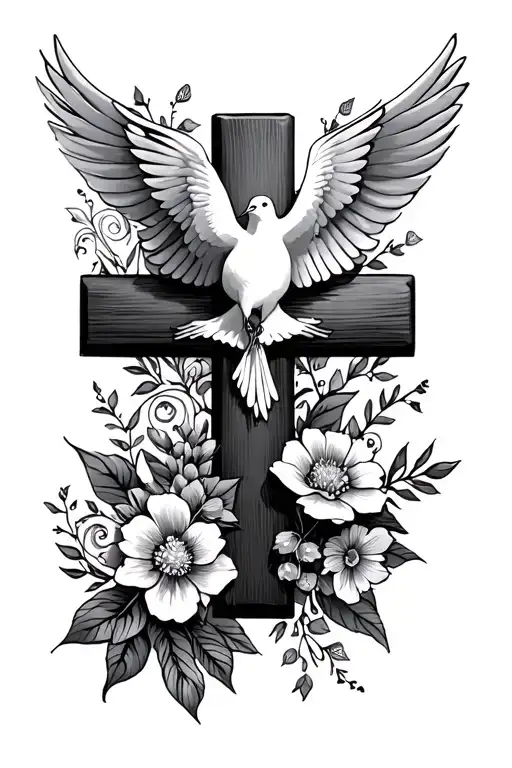 Cross Tattoo with florals around it. Dove On top of cross tattoo design idea