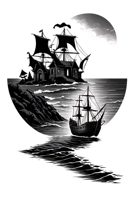 haunted mansion on hill with ocean in background and pirate ship in ocean  tattoo design idea