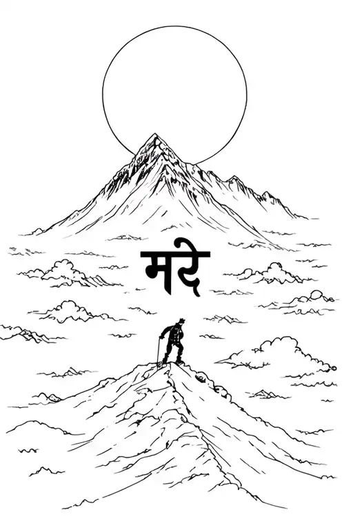"करुणा" mountain moon above clouds. small climber in front. tattoo design idea