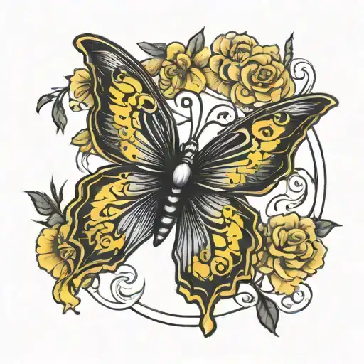02/14/2023 in Roman numerals with a black and yellow butterfly  tattoo design idea
