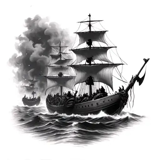 multiple viking long ships beached on shore and on fire tattoo design idea