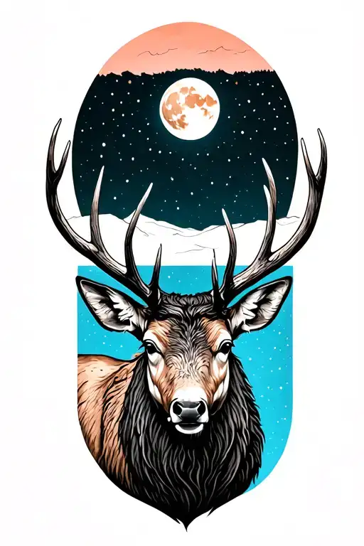 elk with moon rising tattoo design idea