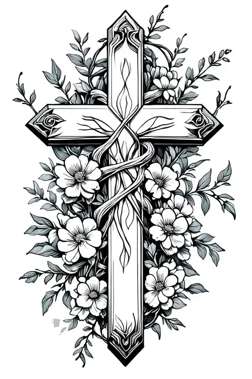 cross wrapped in flowers and vines tattoo design idea