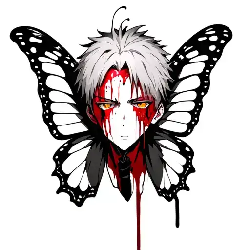 choso's face from jujutsu kaisen inside of butterfly wings with blood across his face tattoo design idea