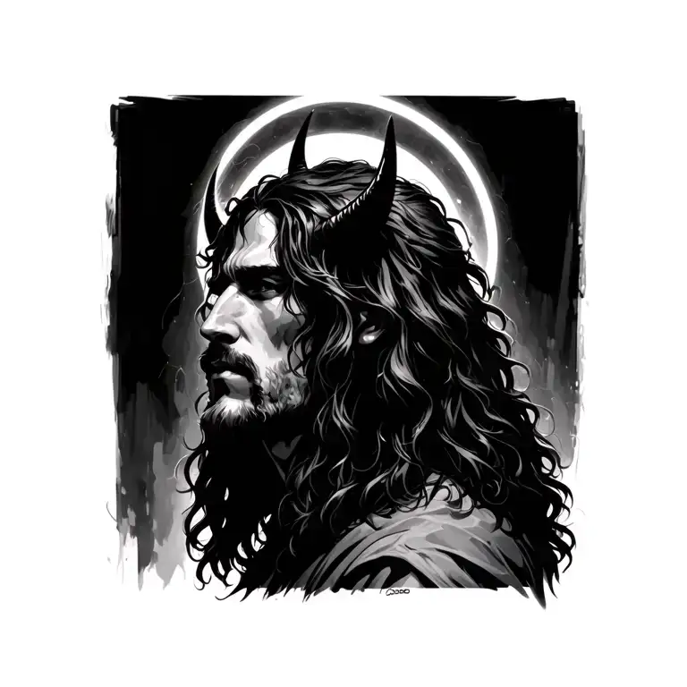 long haired male with devil horns and halo tattoo design idea