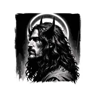 long haired male with devil horns and halo tattoo design idea
