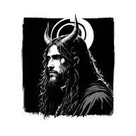 long haired male with devil horns and halo tattoo design idea