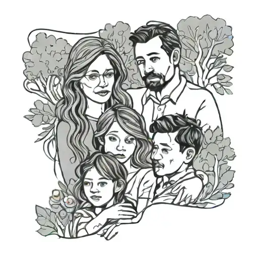 Family portrait (continuous line design) 1 mother only and 4 children tattoo design idea