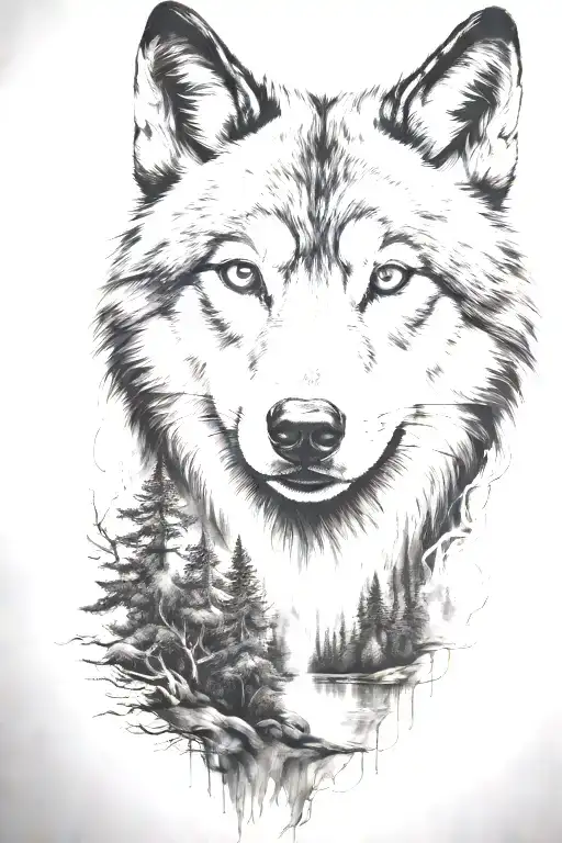 wolf cub, moon, forest, river, adult wolf, smoke rising tattoo design idea