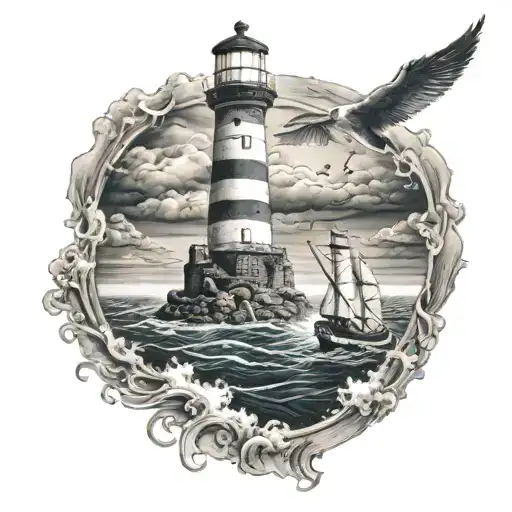 man on boat in storm pointing at lighthouse tattoo design idea