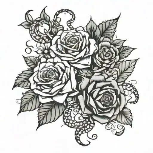 roses, snakes and sunflowers and gems tattoo design idea