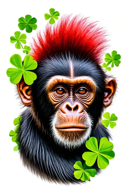 capuchin monkey with red mohawk hairstyle surounded by green clovers tattoo design idea