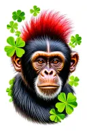 capuchin monkey with red mohawk hairstyle surounded by green clovers tattoo design idea