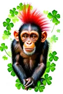 capuchin monkey with red mohawk hairstyle surounded by green clovers tattoo design idea