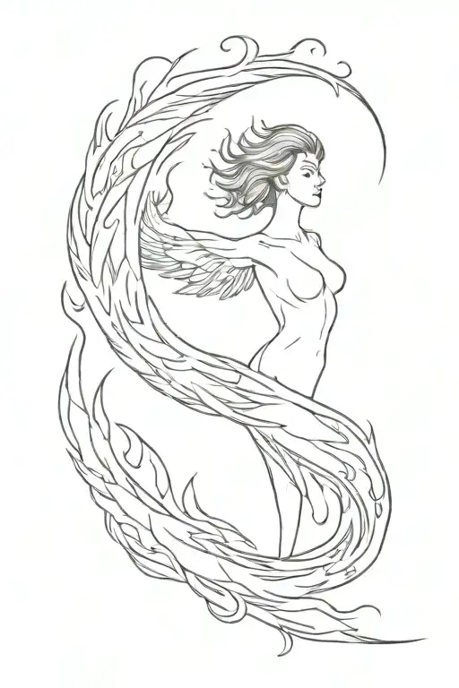 woman as Phoenix rising from flames tattoo design idea