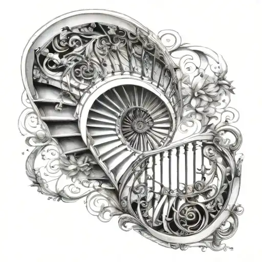 Spiral Staircase wraps around forearm 3/4 sleeve. Handrail has a quote tattoo design idea