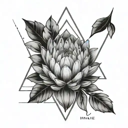 Fine line,  two protea flowers, geometric lines , triangle, circle. dots and the word inhale tattoo design idea