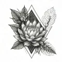 Fine line,  two protea flowers, geometric lines , triangle, circle. dots and the word inhale tattoo design idea
