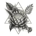 Fine line,  two protea flowers, geometric lines , triangle, circle. dots and the word inhale tattoo design idea