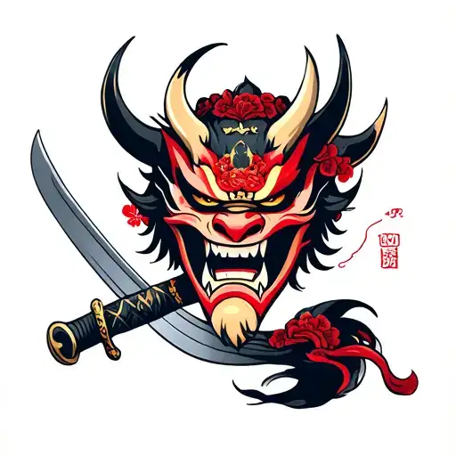 Oni mask with sword tattoo design idea