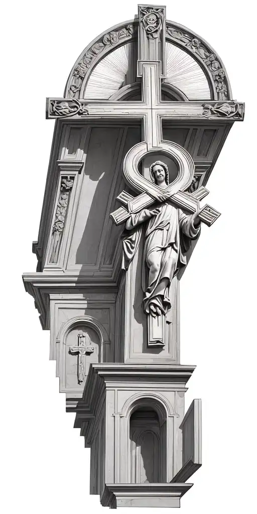 The inside of a catholic church with an upside down cross tattoo design idea