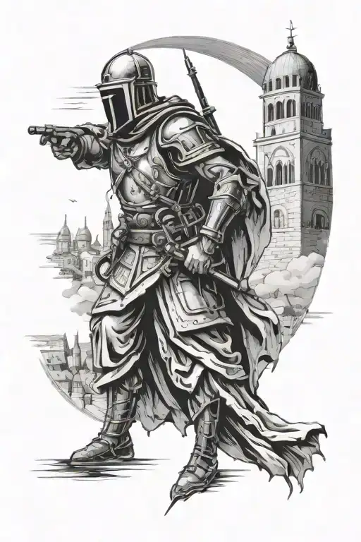 holy crusade soldier in Jerusalem skyline tattoo design idea