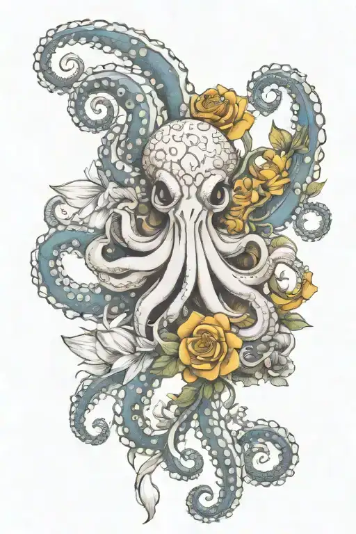 Octopus, daffodil, snowdrop, rose, marigold flower tattoo design idea