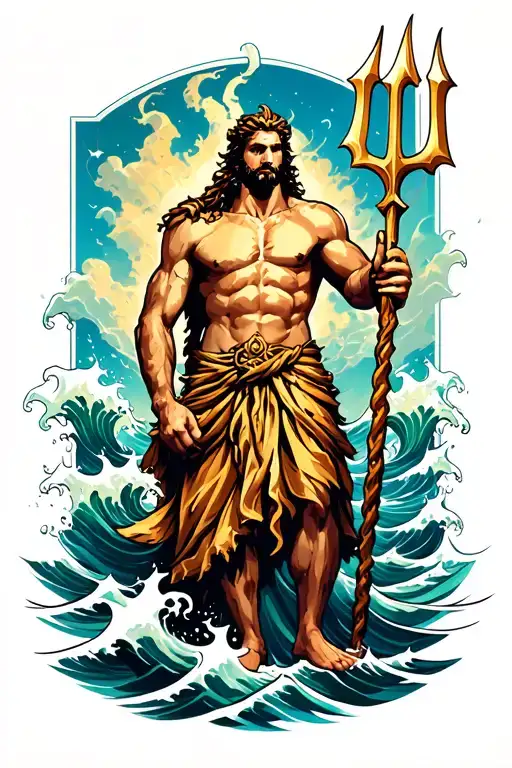 poseidon holding trident intertwined with waves crashing tattoo design idea