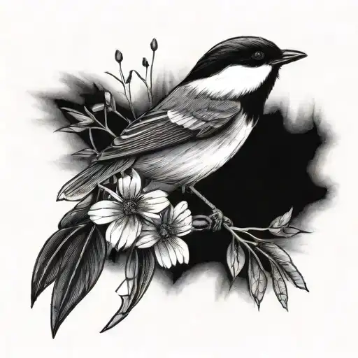 chickadee cosmos ferns tattoo design idea