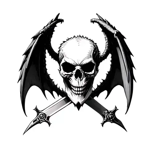 skull with dragon wings and sword behind, in black and white, gothic  tattoo design idea