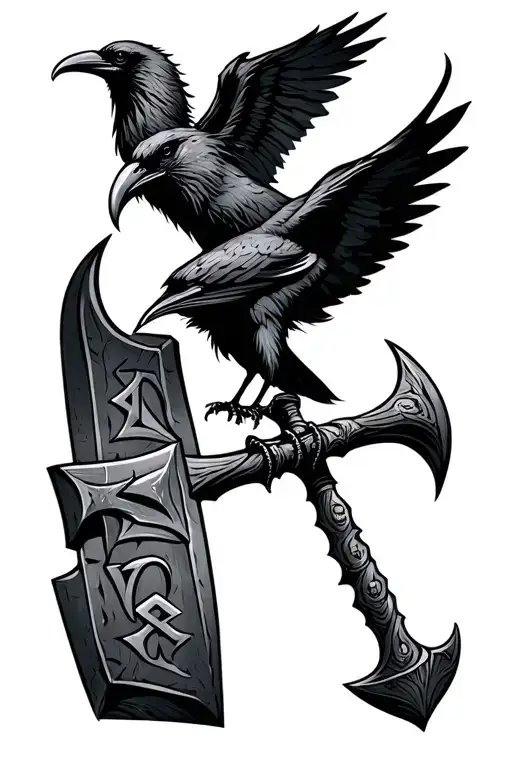 Odin's name in runes with a crow and thors hammer tattoo design idea