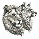 right side lion and left side fox looking tattoo design idea