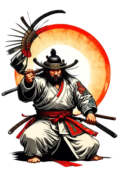 A highly detailed and vibrant Japanese tattoo-style illustration of a battle-worn samurai kneeling on one knee, his kata tattoo design idea